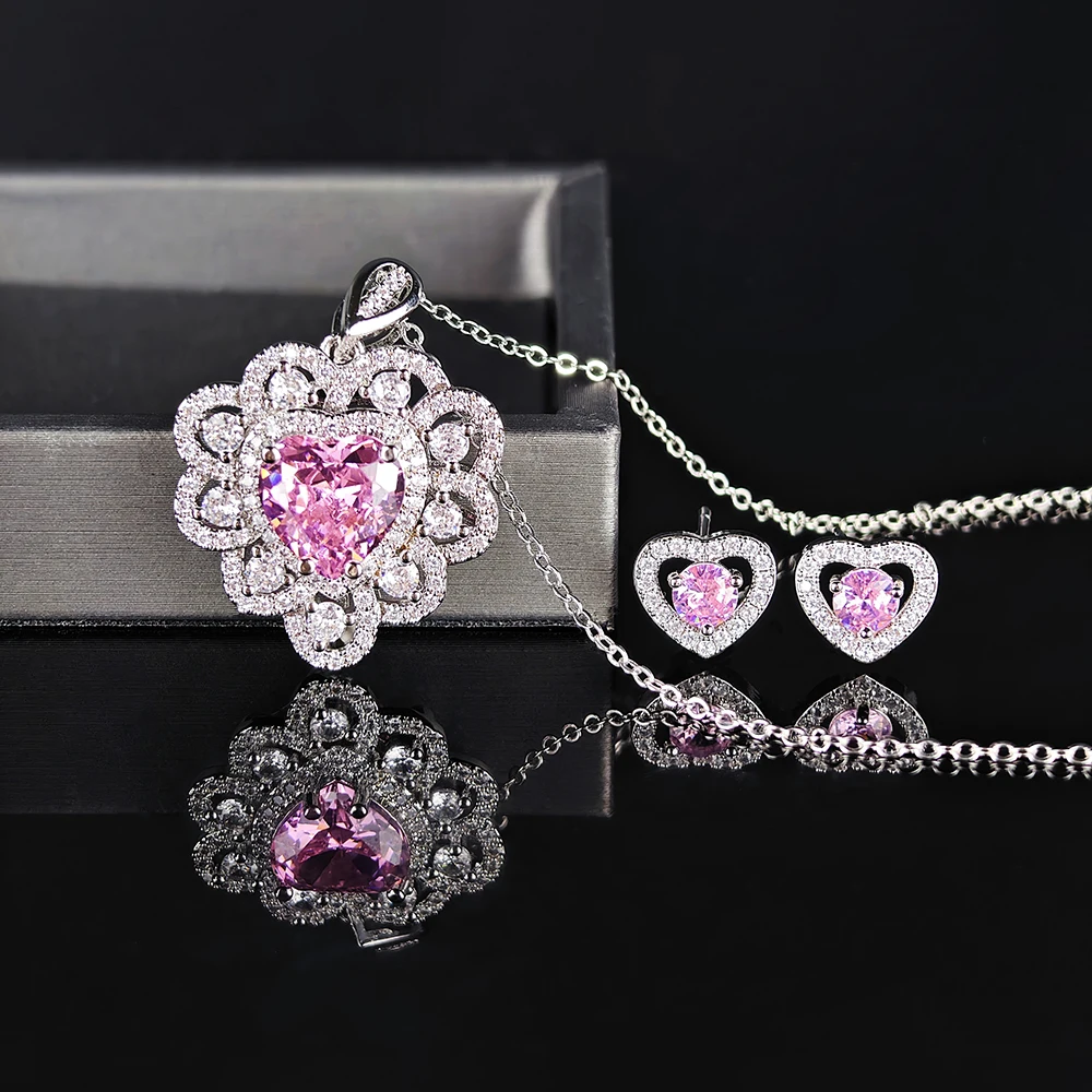 

Moonso Luxury Pink Silver Color Jewelry Set Heart Necklace Earring for Women Valentine's Day Gift Free Shipping Items E710-x7181