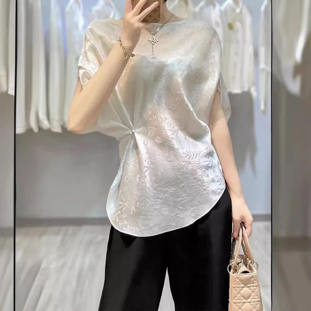 New Chinese  waistband design fashionable top, women's new  beautiful white button up jacquard short sleeved shirt