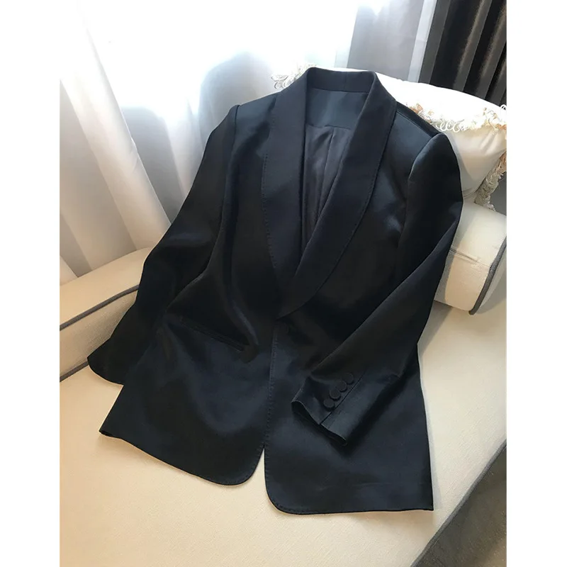 Acetate Shawl Collar Suits Women Office Business Tops Jacket For Spring Summer High-end Black White Medium Long Satin Blazers