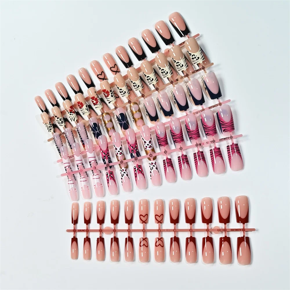 120 Stück lange, quadratische Y2K-Press-On-Nägel in Schwarz-Pink-Ombre mit Kuhmuster & rotem Herz-Dekor, künstliche Nägel mit Feile, wasserfeste Kunstnägel – Detail 7