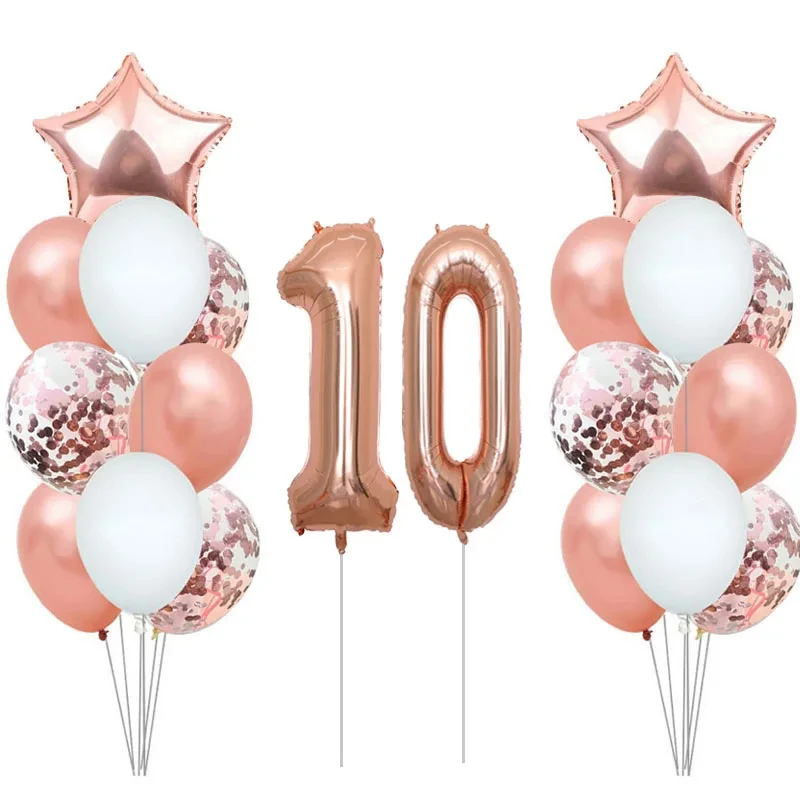 22pcs Rose Gold Number Foil Balloons Happy Birthday Party Decorations Adult Kids 10 11 14 15 16 18 25 30 35 40 50 60 70 Year Old