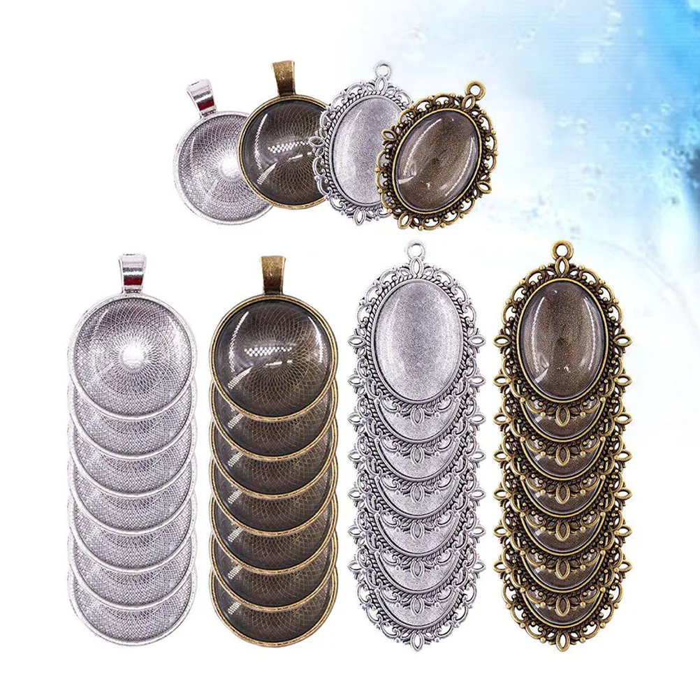 

64Pcs DIY Pendant Accessories Oval Round Green Silver Metal Lace Jewelry Necklaces Bracelets Keychain Crafts