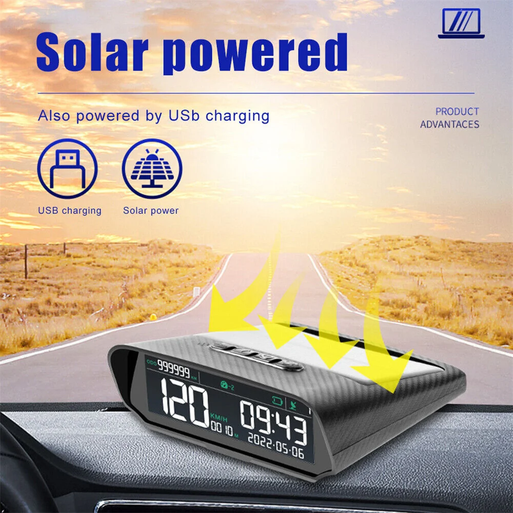 

Solar Car HUD GPS Head-Up Display Digital Clock Speedometer Over-Speed Alarm Fatigue Driving Alert Altitude Mileage Display