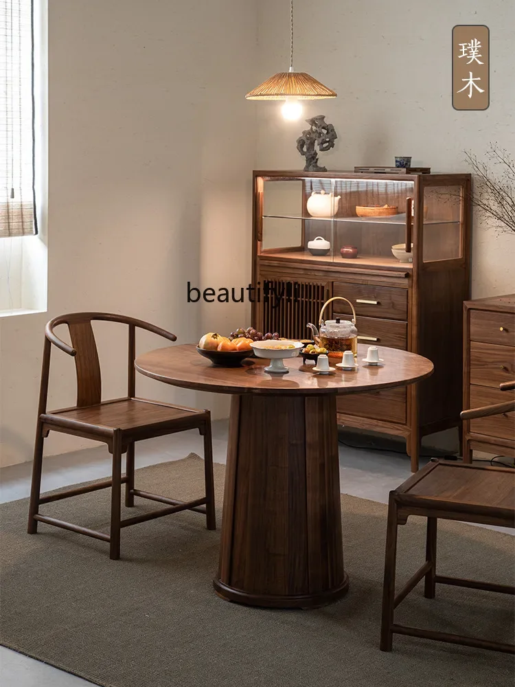 New Chinese Style Black Walnut Solid Wood round Dining Tables and Chairs Set round Table Household Minimalist