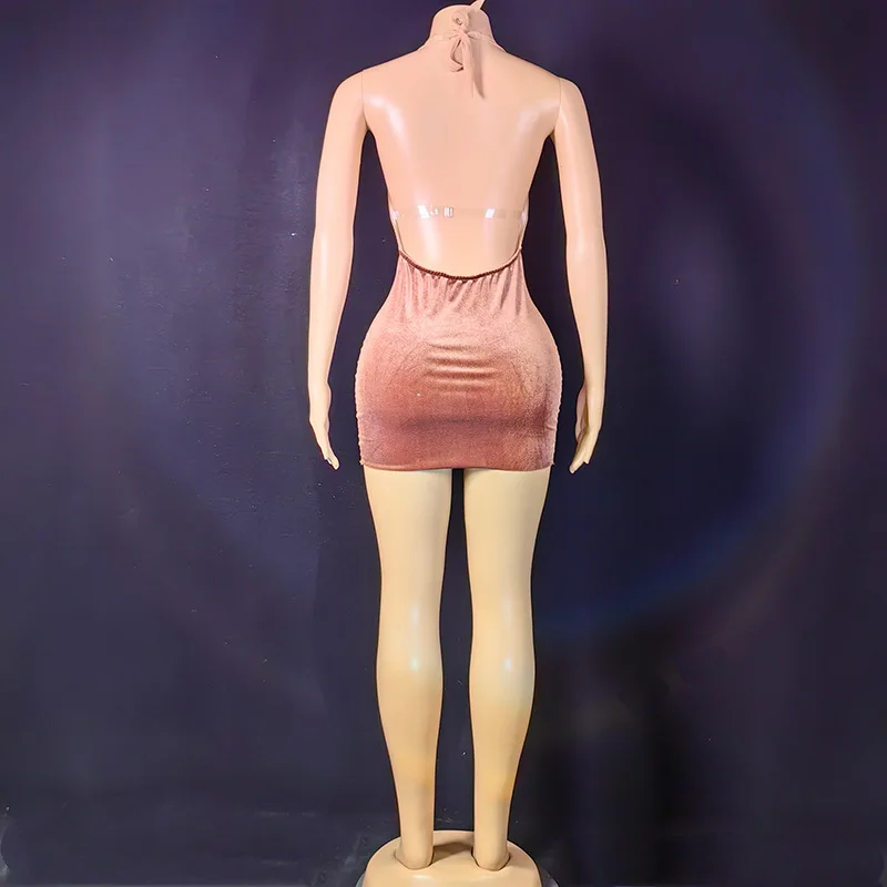 Europe beautiful woman host performance clothes new sexy small skirt hanging neck sling backless deep v-neck dress