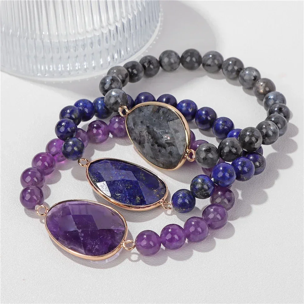 

Irregular Slice Stone Charm Bracelet Natural Lapis Lazuli Amethysts Stone Bead Bracelet Healing Stretch Bangle Jewelry Gift