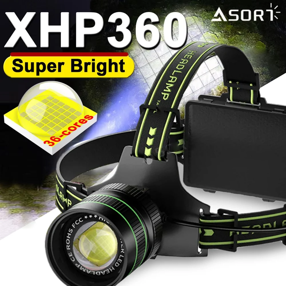 Most Powerful XHP360 LED Headlamp 36core Zoom Type-c Rechargeable Headlight Gesture Sensor Head Lamp For Outdoor Camping Fishing
