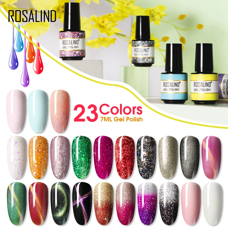 

ROSALIND Gel Nail Polish Glitter 100 Colors Semipermanent Varnish Hybrid Soak Off Gel Varnishes Nail Art Salon Base Top Coat