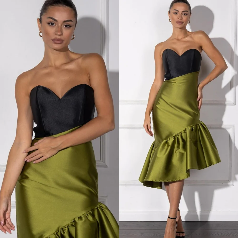 Elegancka, szyta na miarę, zielona satynowa suknia wieczorowa, wykwintna sukienka na powrót do domu z dekoltem w serduszko, bez rękawów, luksusowa suknia na specjalną okazję.