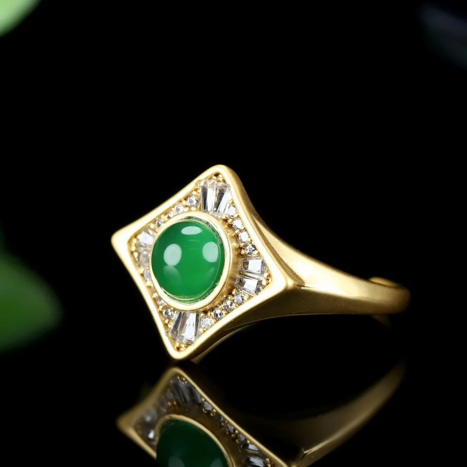 Natural Green Jade Ring Women Fine Jewelry Genuine Myanmar Jadeite Copper With 24k Gold Plated Burma Jades Zircon Rhombus Rings