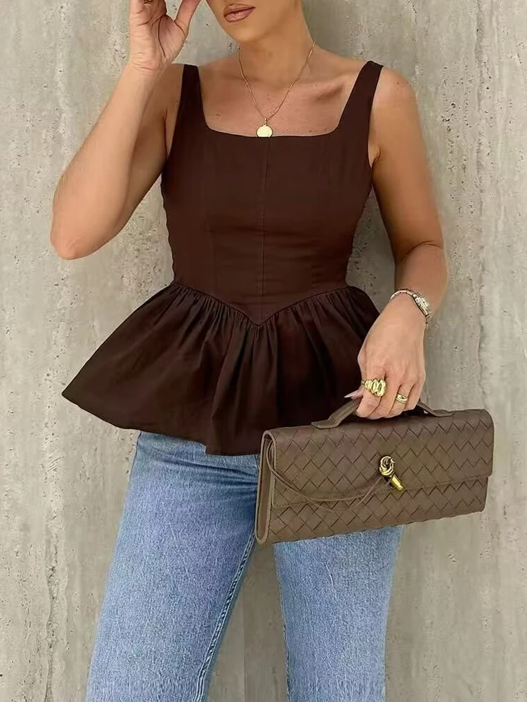 

European style new women's fashion versatile temperament backless square collar sleeveless waist suspender small top