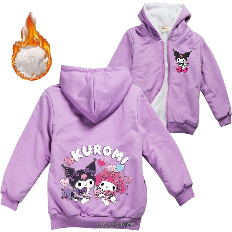 Lovely Kuromi Melody Thicken Clothes Kids Autumn Hooded Sweatshirts Baby Girls Zipper Jackets Toddler Boys Long Sleeve Coats