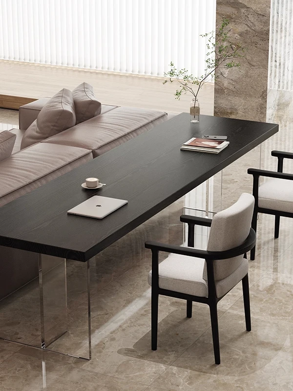 

Italian minimalist desk, long table behind the sofa in the solid wood horizontal hall