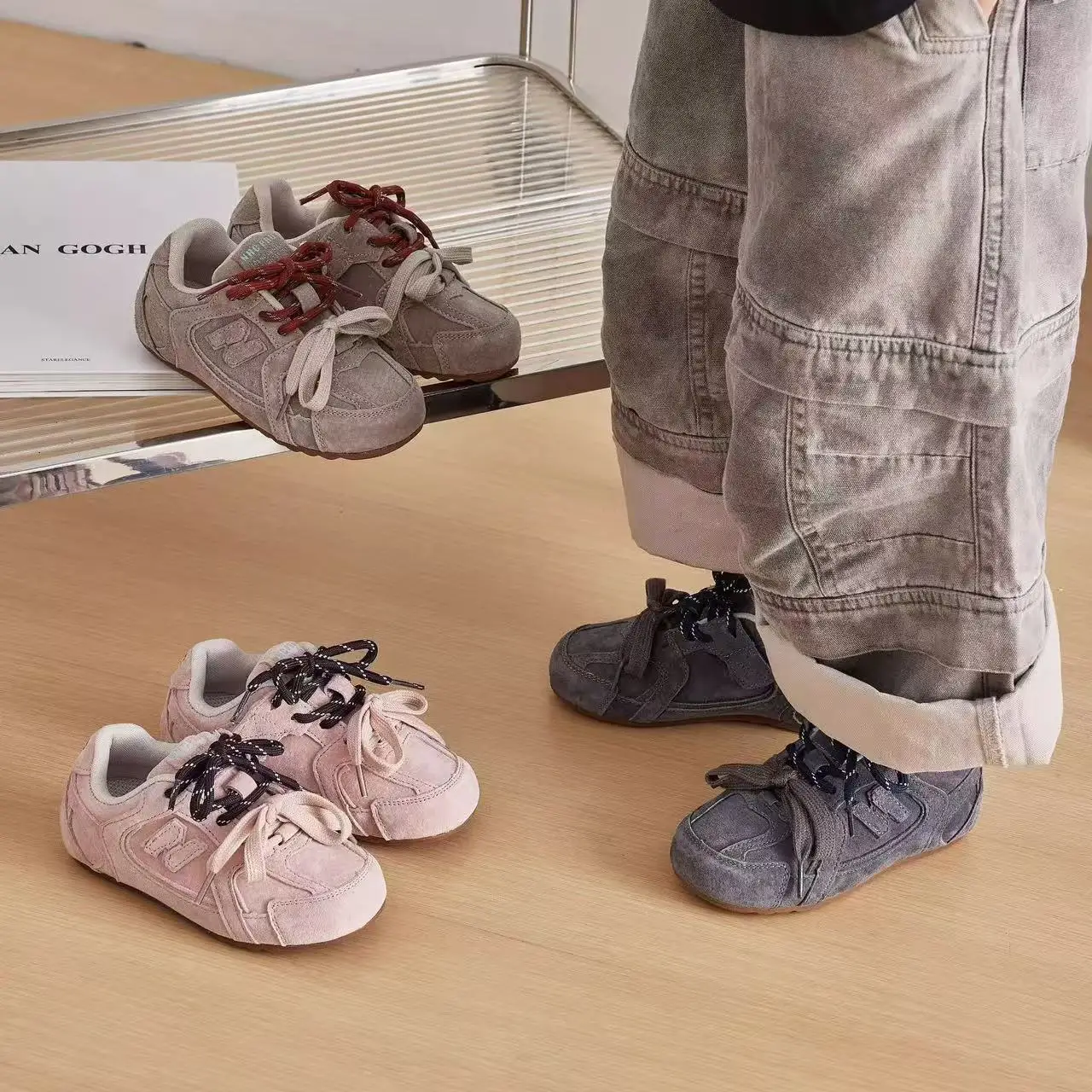 

Spring Autumn Children's Boy Girls Microfiber Leather Thin Bottom Running Shoes Kid Toddler Two-tone Shoelaces Non-slip Training
