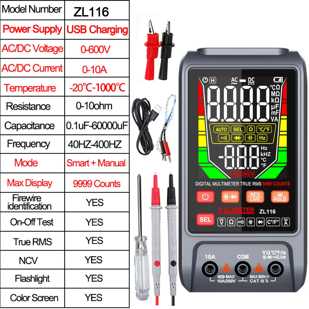 Nieuwe 9999 Telt Smart Multimeter Dc Ac Stroom Spanning Multimetro Digitale Profesional True Rms Capaciteit Temp Ncv Ohm Tester