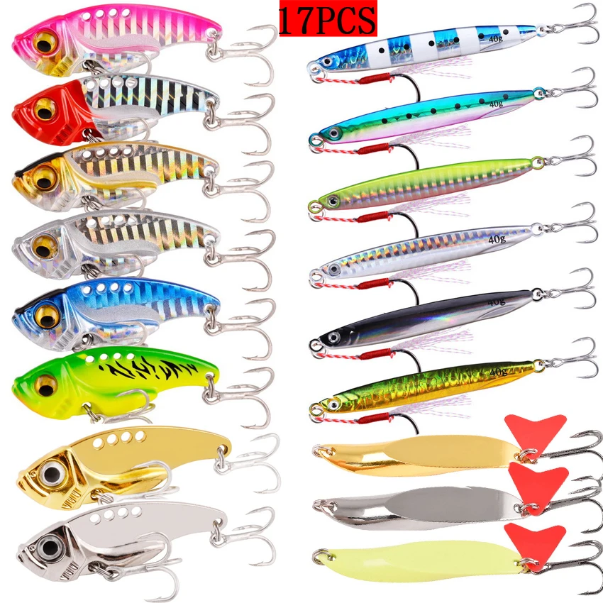 17PCS Metal Cast Jig Spoon Lure Set Mix 15g 20g 28g 40g Lures Spinnerbait Casting Jigging Fish Sea Bass Fishing Lure Set