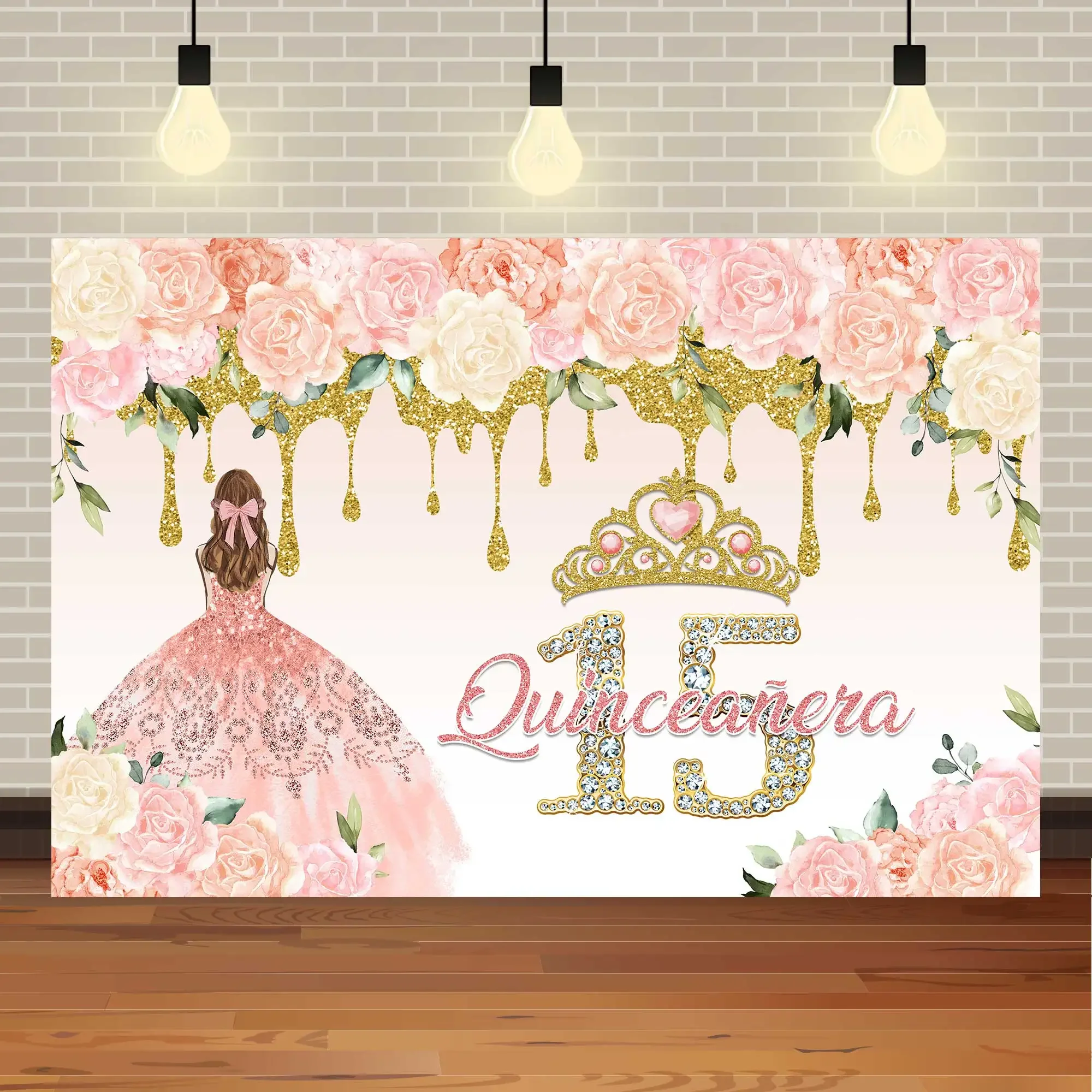 Sweet 15th Princess Birthday Party Photographic Backdrops Girl Dress Glitter Crown Floral Photo Background