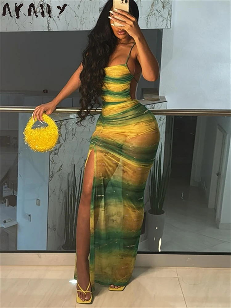 Akaily Summer Green Gradient Halter Ruched Long Dress Sexy Clubwear For Women 2024 See Through Backless Bandage Split Party Robe