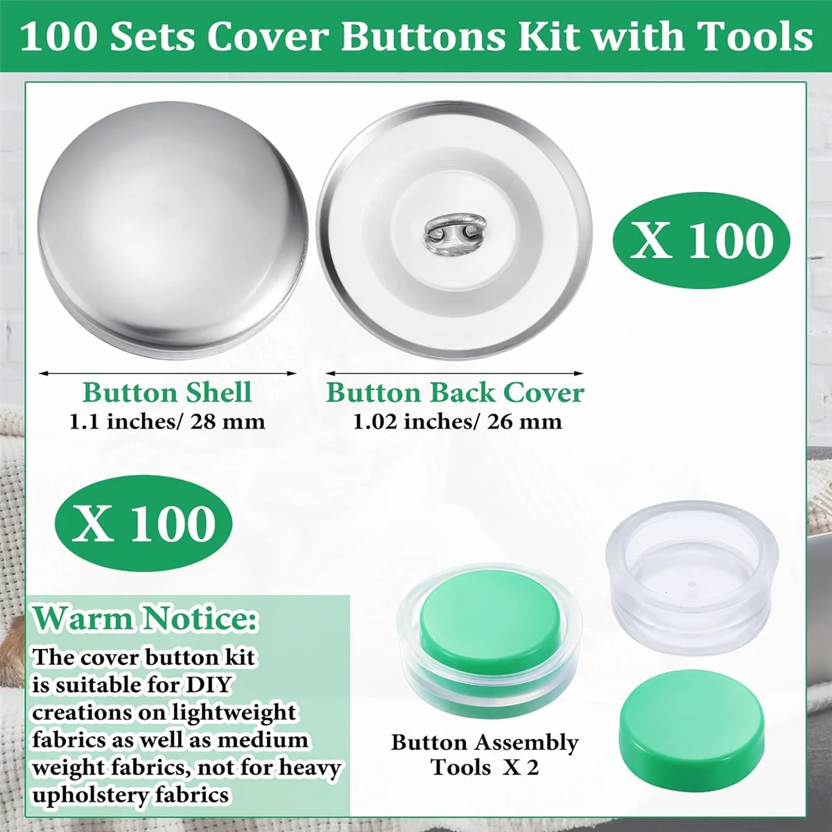 100 sets Cover Buttons Kit met gereedschap Maatknoppen om zelfbedekkende knoppen te bedekken DIY stoffen doek Cover Knoppen 1,1 inch