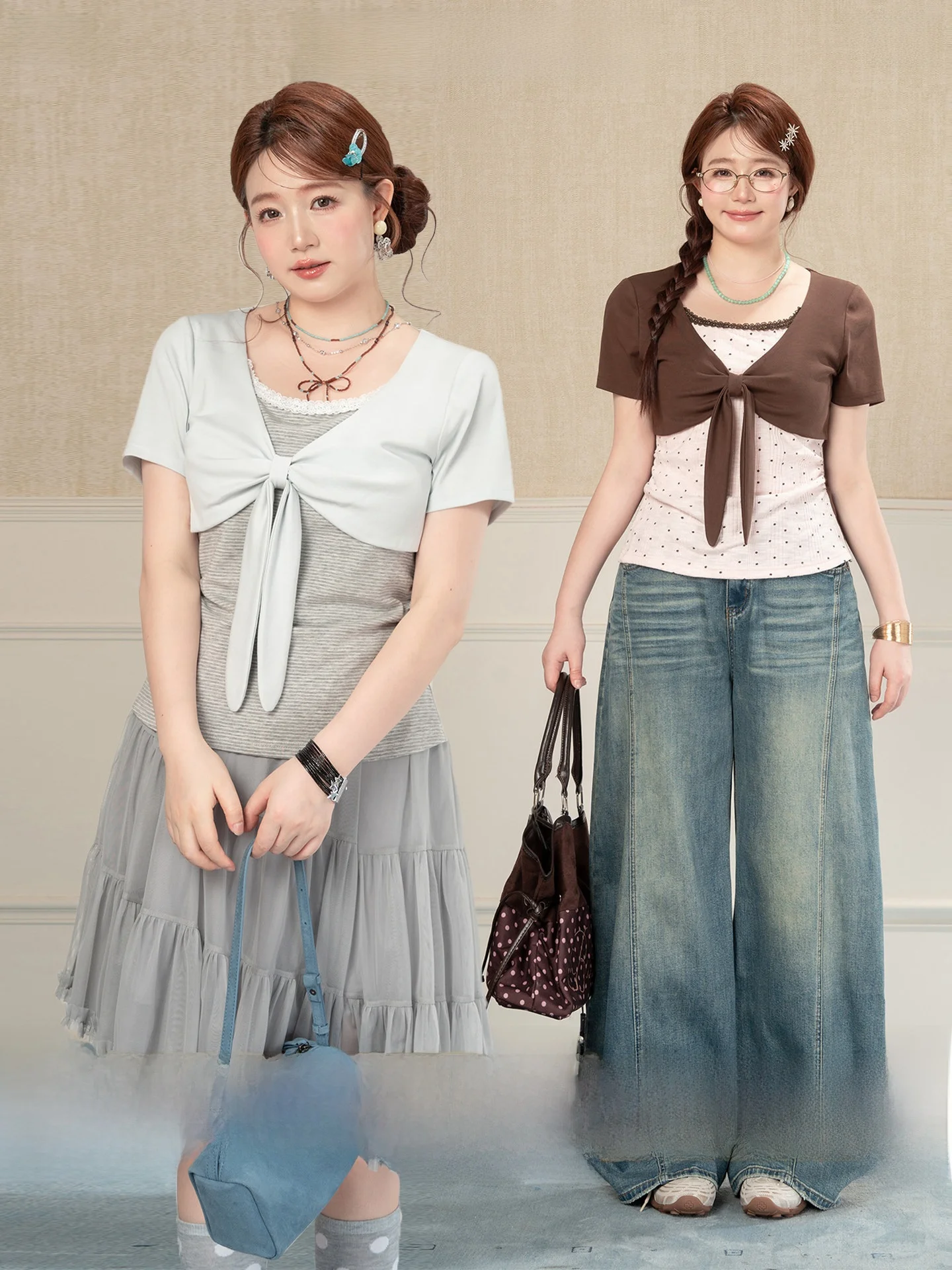 

Heynew Sweet Style plus Size Women's T-shirt with Belt round Neck Short Sleeve Slimming Top Color Block Summer Fashion