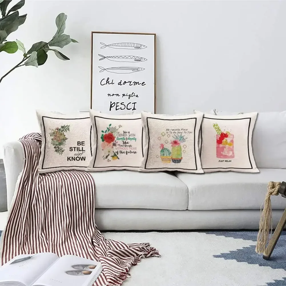 Decorative Pillowcase Garland Cactus and Juice Pattern Cushion Cover Linen Pillow Square Pillow Cover 40X40cm