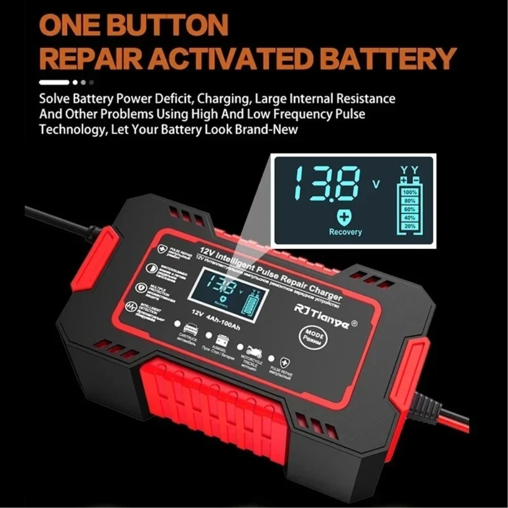 Car Battery Charger 12V Pulse Repair LCD Display Smart Fast Charge AGM Deep cycle GEL Lead-Acid Charger For Auto Motorcycle