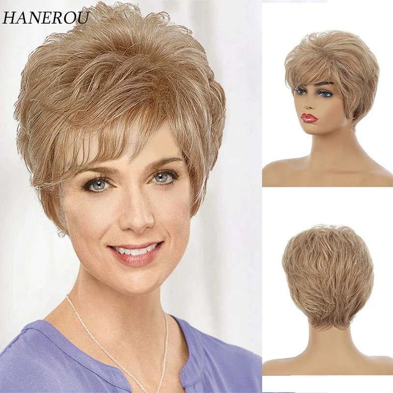 

Ladies Short Omber Brown Synthetic Wig Pixie Cut Hairstyle Curly Wig With Bang For Women Daily Use Heat Resistant Fiber