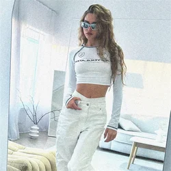 Y2k Clothes Moto & Biker Slim T-shirt Woman Clothing 2024 Summer Outfit Camisetas Letter Graphic Tees Navel Exposed Short Tops