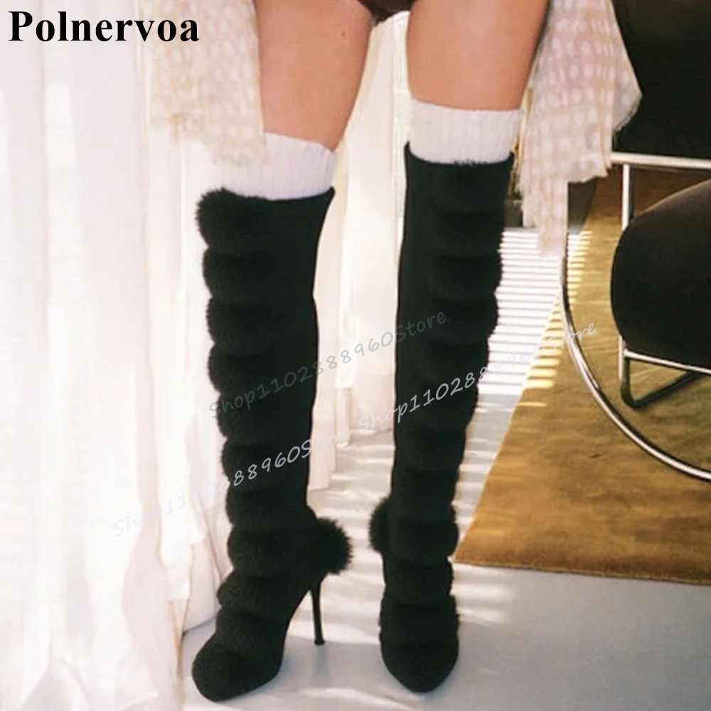 

Sexy Knee High Black Flock Furry Ball Boots Thin High Heel Shoes For Women Pointed Toe 2025 Fashionable Zapatos Para Mujere