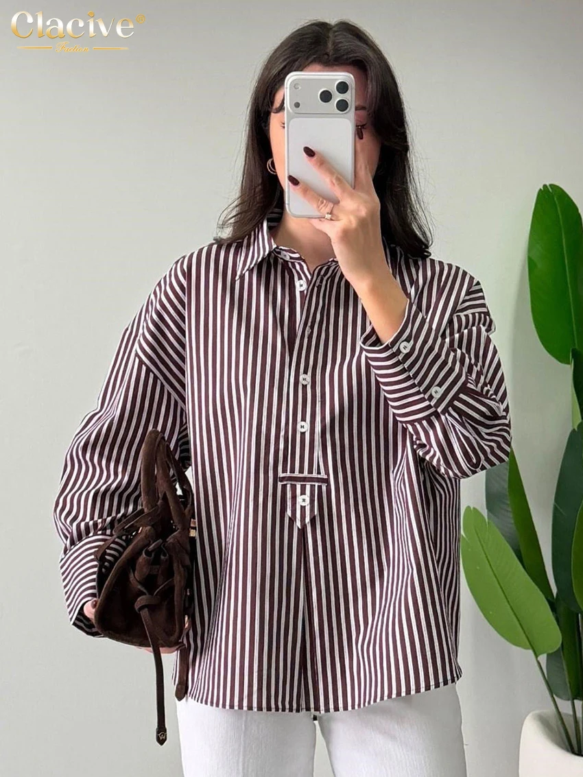 

Clacive Fashion Loose Stripe Print Women's Blouse 2026 Autumn Lapel Long Sleeve Lady Shirt Elegant Classic Top Female Clothing