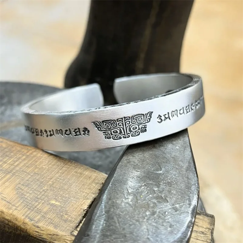 

Unisex 999 Silver Bangles for Couples Retro Taotie Design Auspicious Inscriptions Free Engraving Ethnic Style Jewelry & Gift