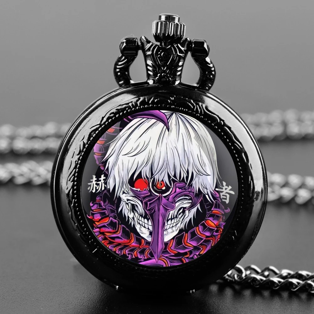 Anime Skull Glass Dome Vintage Arabic Numerals Quartz Pocket Watch Necklace Pendant Clock Chain Men Women Anime Fans