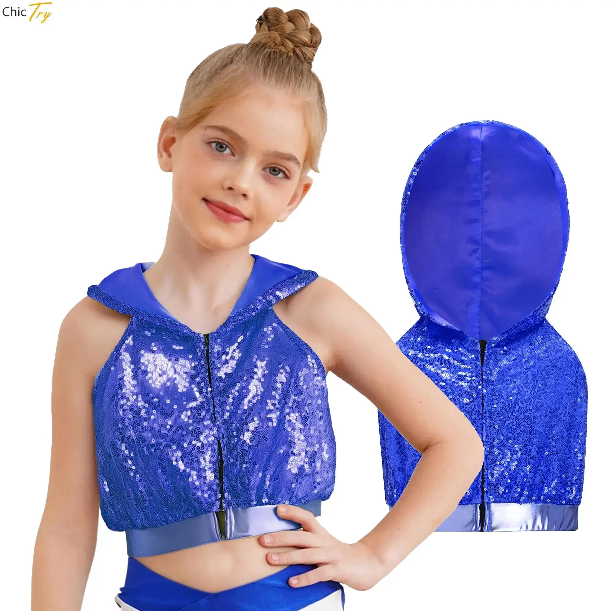 Adolescente lantejoulas jazz latina ballet dança traje sem mangas brilhante metálico com capuz colheita topo streetwear líder de torcida desempenho casacos