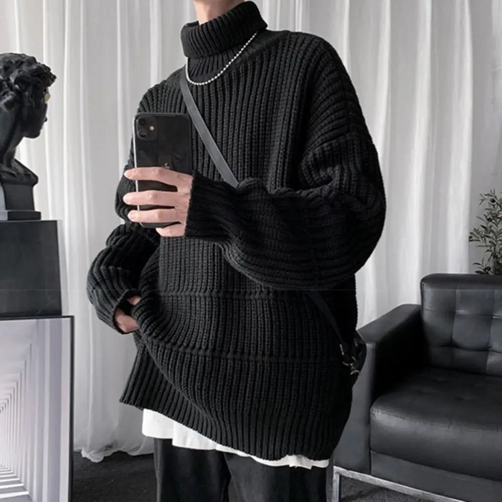 

Casual Sweater Cozy Mid-length Men's Sweater Warm Knitted High Collar Elastic Anti-shrink Pullover for Winter/fall Comfort Neck