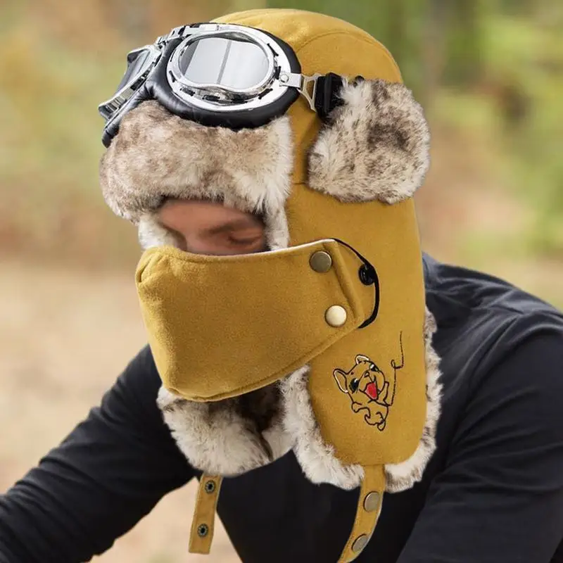 Lei Feng Hat Men\'s Windproof Hunter Hat For Men Winter Warm Trapper Hat With Goggles Earmuffs Face Cover For Cycling Skiing