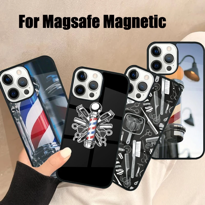 Barber Shop Poles Magsafe Phone Case For iPhone 16 15 14 13 12 11 Pro Max Plus Mini Mirror Wireless Magnetic Cover