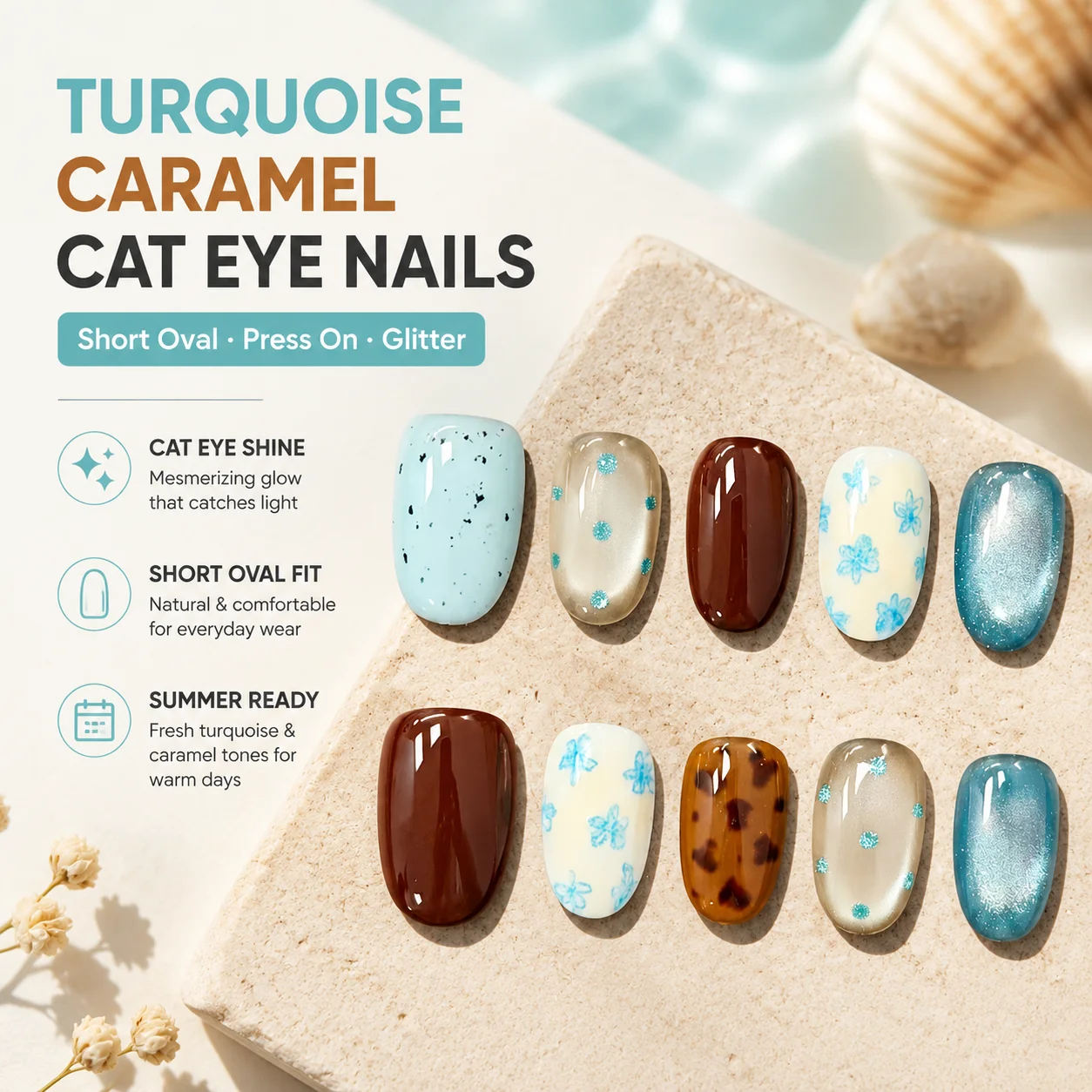 30 Stück Türkisfarbene Karamell-Katzenaugen-Press-On-Nägel, kurze ovale Glitzer-Kunstnägel, Sommer, Frühling