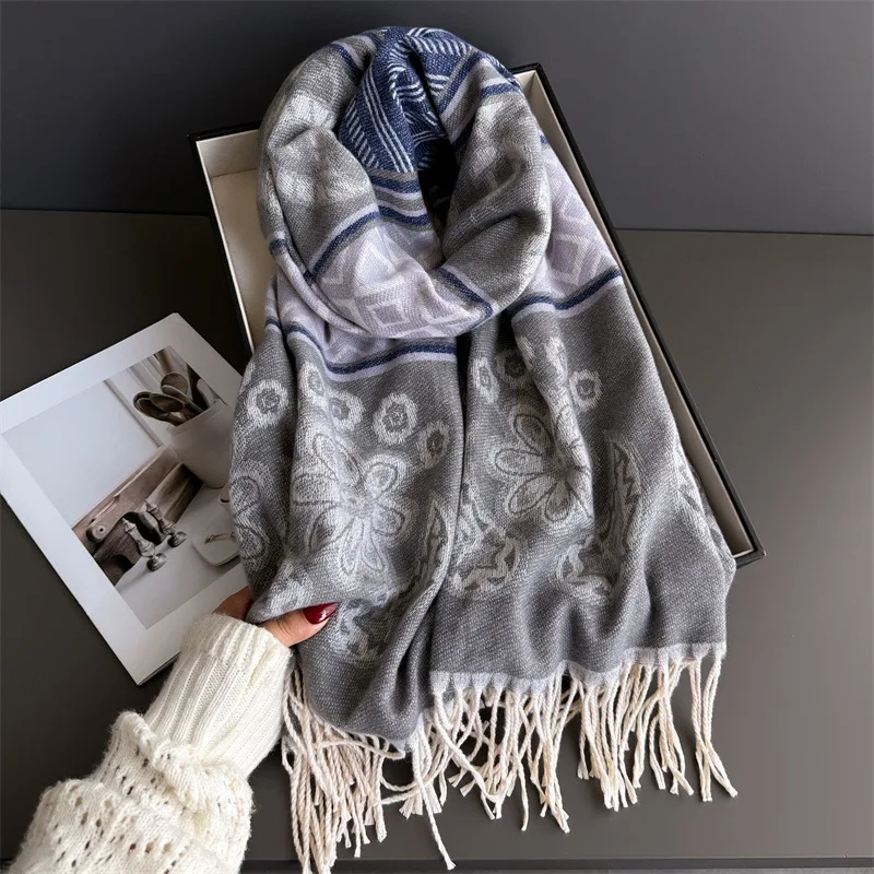 2025 Nuovo Spessore Caldo Sciarpa Invernale Design Stampa Donna Cashmere Scialle di Pashmina Lady Wrap Sciarpe con Nappa Lavorato a Maglia da Uomo Foulard Coperta