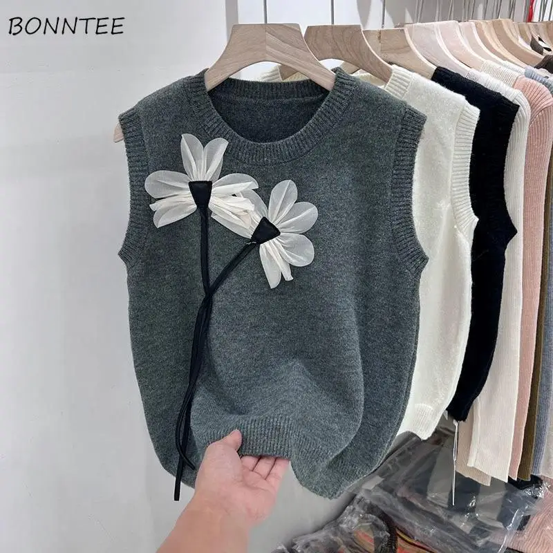 Autumn Sweater Vests Women O-neck Loose All-match 3D Flower Design Elegant Graceful Outerwear Chic Winter Tops Knitting Female