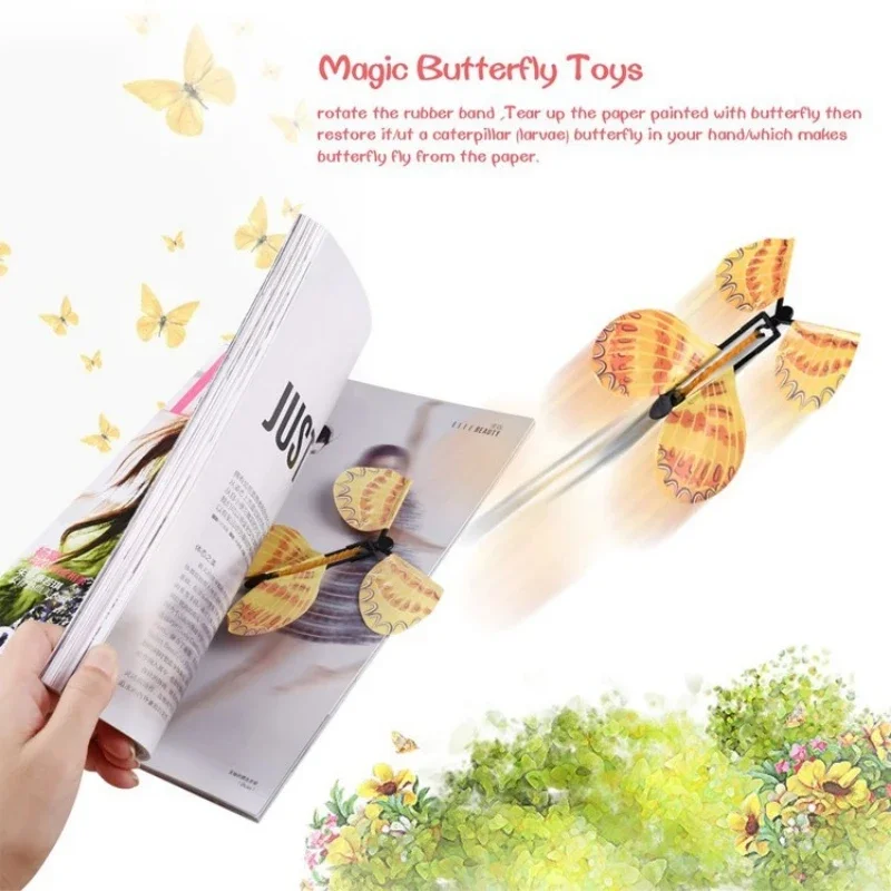 Magic Flying Butterflies Wind Up Toy in The Sky Bookmark Greeting Cards Rubber Band Powered Kids Magic Props Surprise Gifts