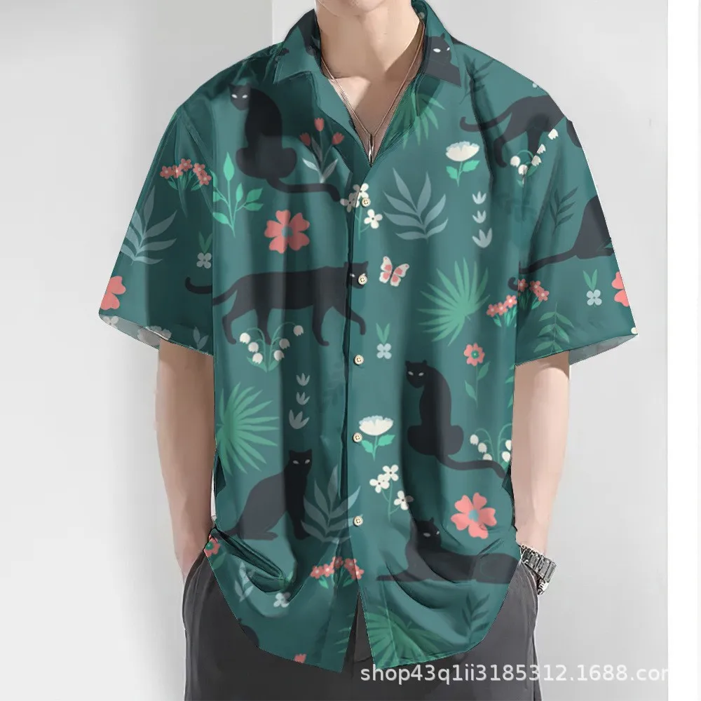 เสื้อฮาวายสีเหลืองสำหรับผู้ชายใหม่เสื้ออโลฮะแขนสั้นสุดสร้างสรรค์เสื้อภาพวาดทิวทัศน์จีนสำหรับฤดูร้อนขนาดใหญ่พิเศษ