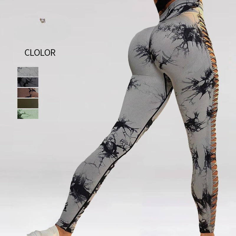 

Tie Dye Hollow Out Yoga Leggings Peach Lifting Sports Fitness Pants Seamless Women Clothing Push Up Leggings Running Gym Wear