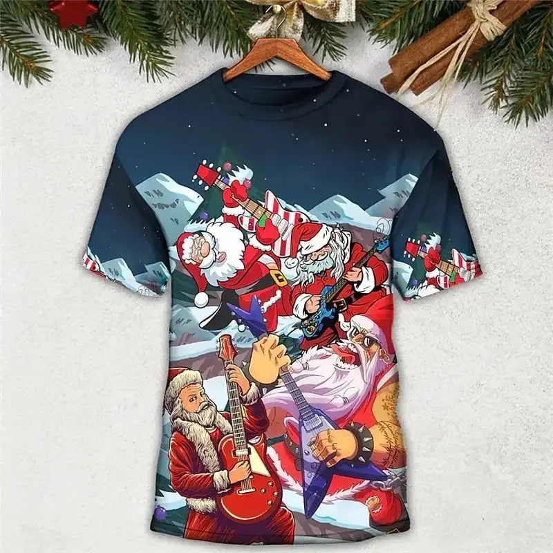 Camiseta de Natal de manga curta masculina, estampada em 3D do Papai Noel, blusa casual, roupa solta criativa, tendência da moda