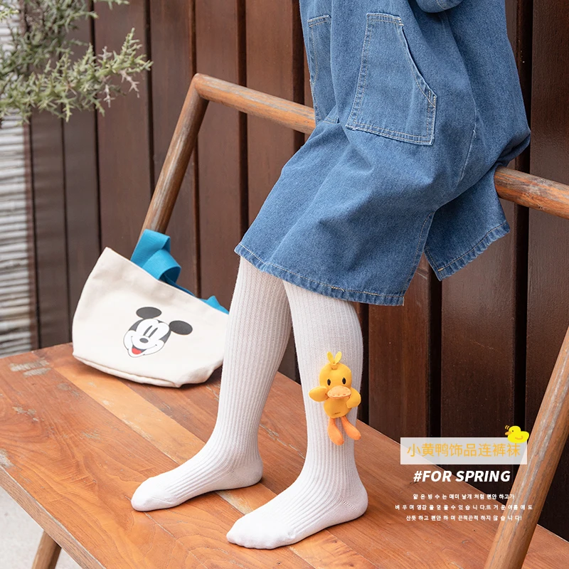Sweet Girls Comfort High Elastic Leggings Decorated With Adorable Yellow Duck Ornaments Soft Skin Friendly Breathable Pantyhose
