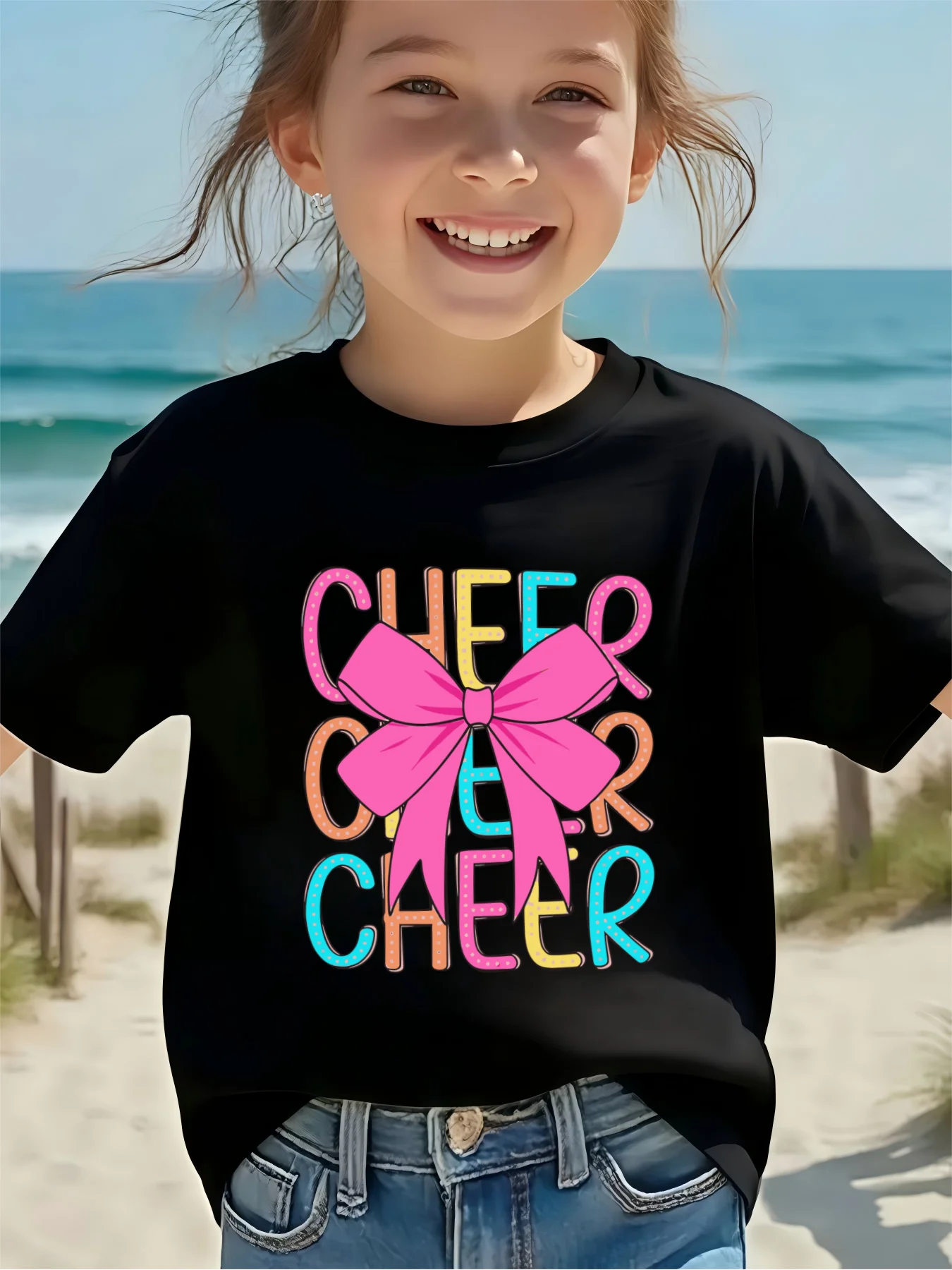 Cheer Bow Color Letter Print Boys Girls Family Matching Tee Soft Kids Parent Short Sleeve Daily Casual Comfort T Shirt Tops