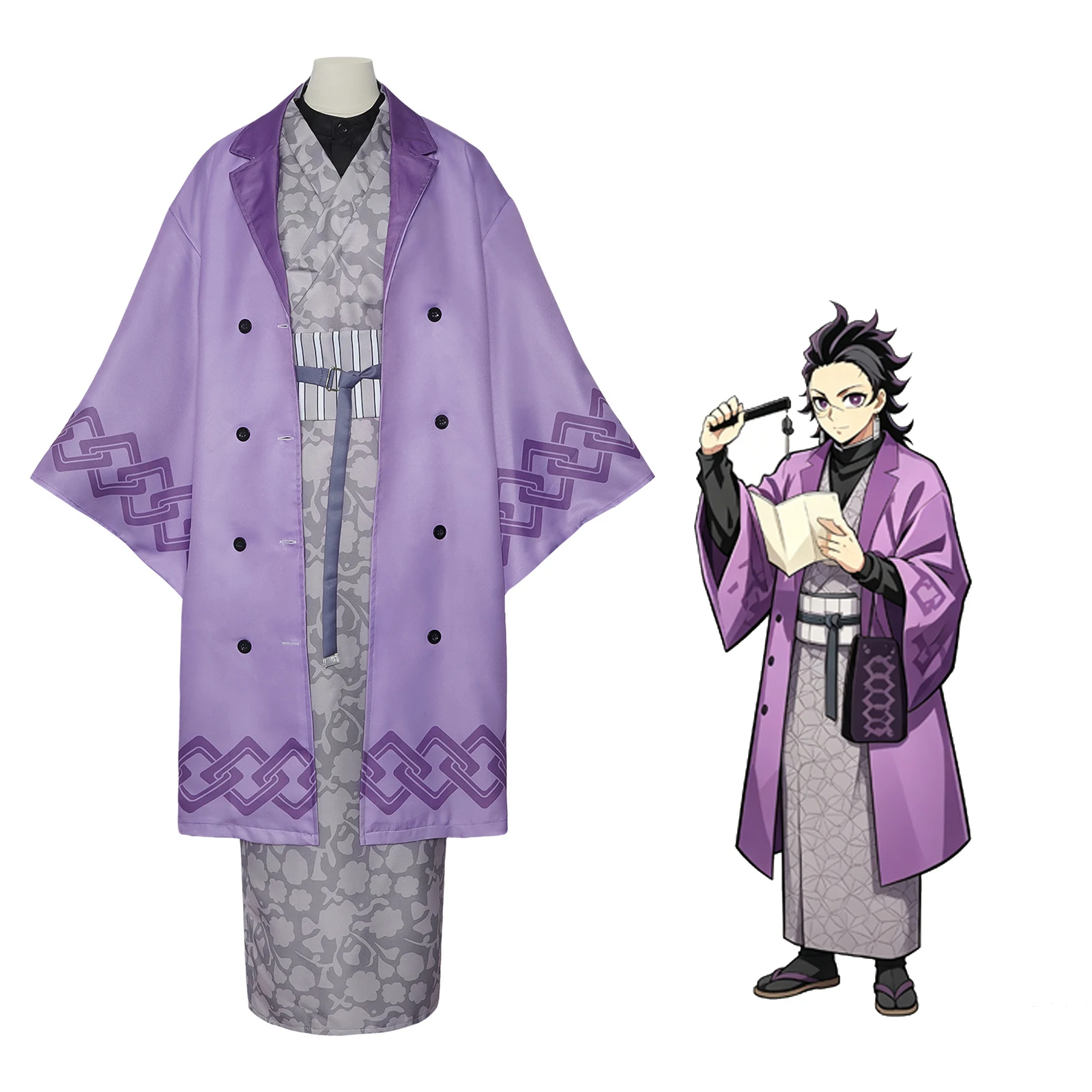 Disfraz de Cosplay de Muichiro Tokito, Kimono Morado de Muichiro Tokito, Conjunto Completo de Cosplay con Bolsa, Calcetines y Cinturón, Traje de Personaje de Anime