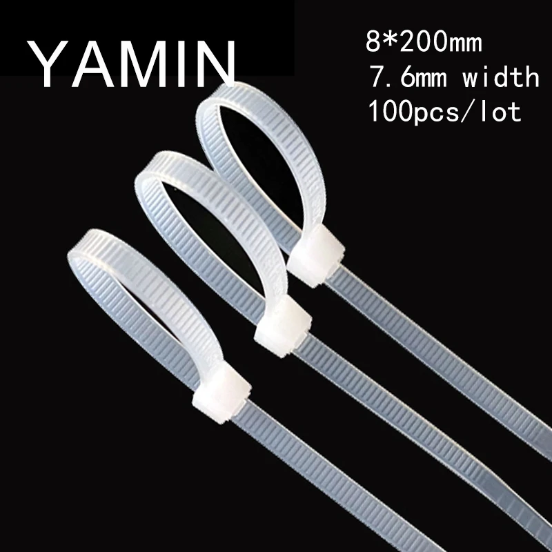 100pcs 8*200mm Industrial Plastic Nylon Cable Tie 7.6mm Width Multi-Purpose Fastening Fix Locking Type