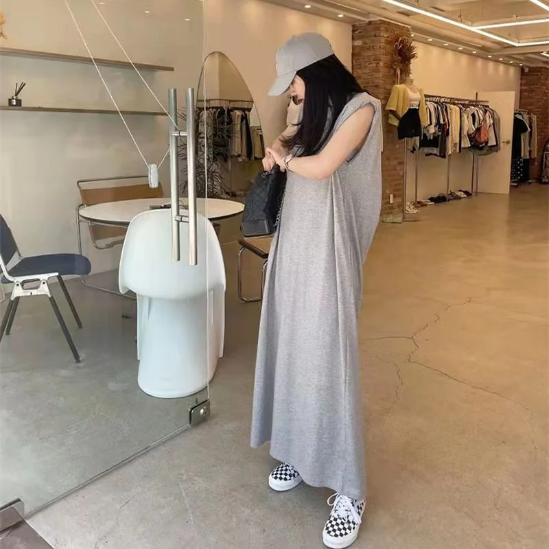 Summer Loose Shoulder Pad Cut Out Backless senza maniche Vest Dress donna Casual Vestidos Midi Grey t-shirt Lady