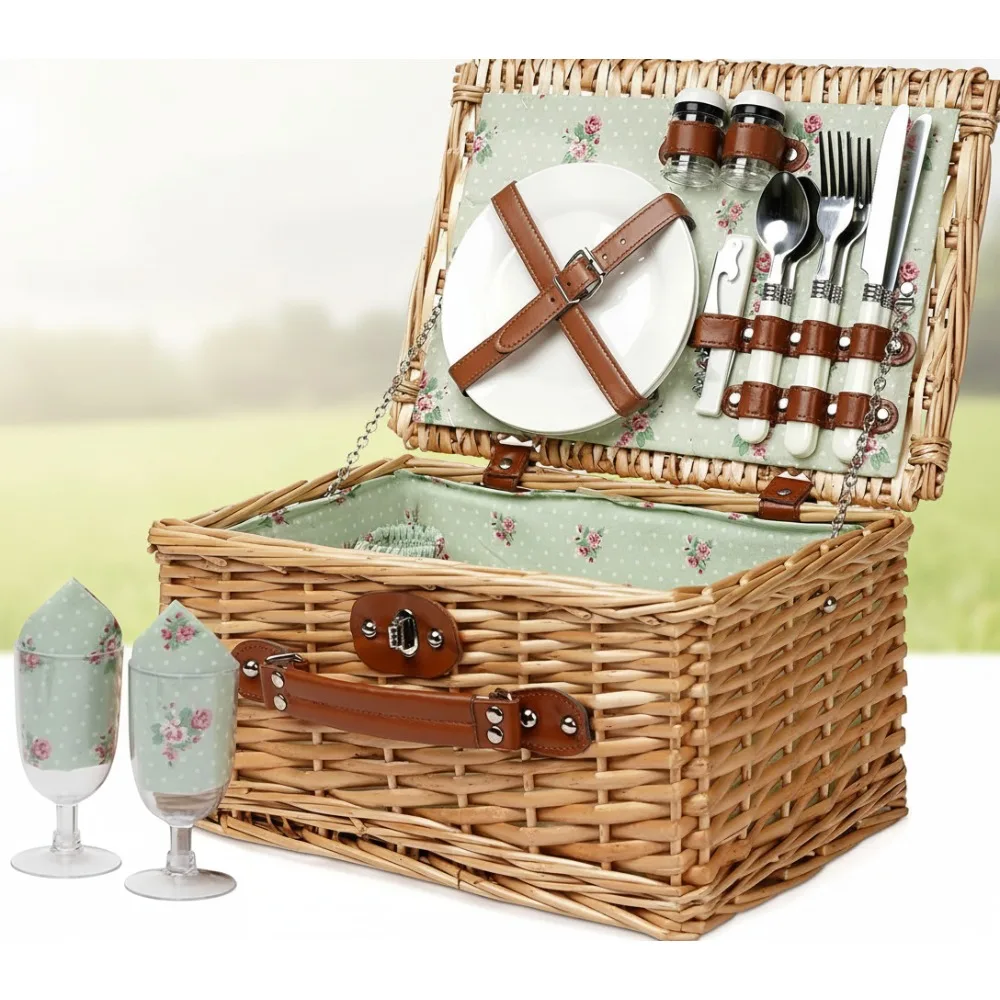 

Handmade Willow Picnic Basket for 2 with Utensils, Perfect for Outdoor Camping and Romantic Dates