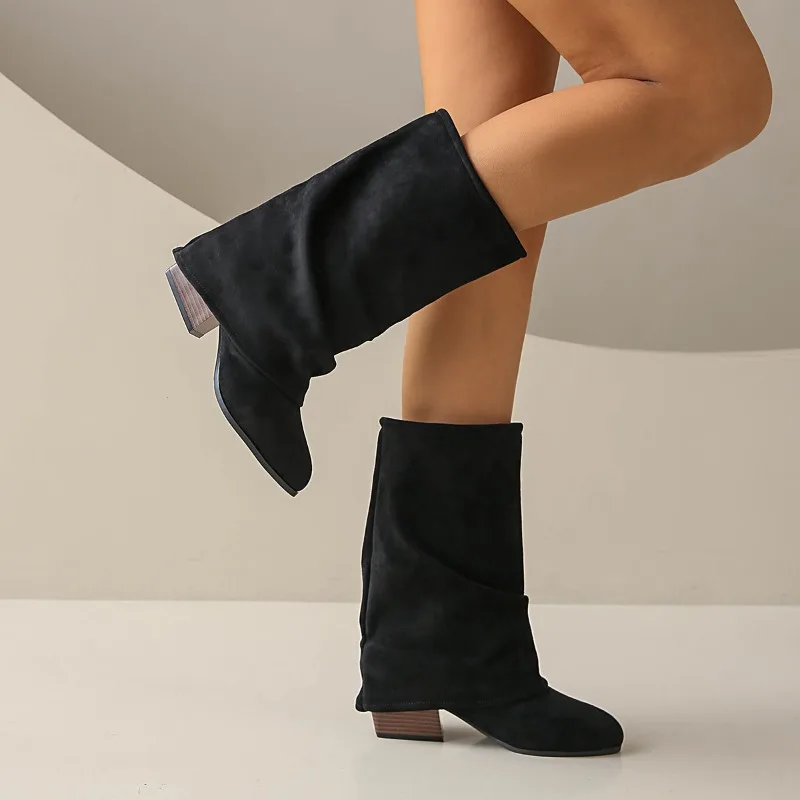 

2025 Women Boots Winter Fashion Frosted Mid-calf Boots Women Low Heel Plus Velvet Knight Boots Elegant Comfortable Shoes Women